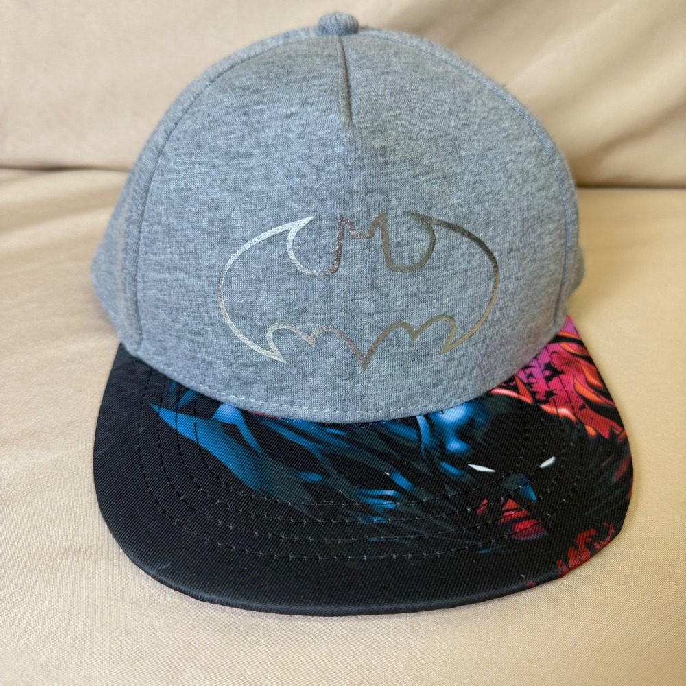 DC Comics Batman Snapback Hat Grey Jersey Knit Silver Foil Logo Graphic Brim Cap
